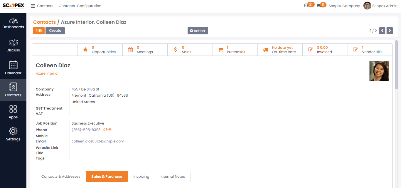 Scopex vendor contact record with purchase and vendor bill details