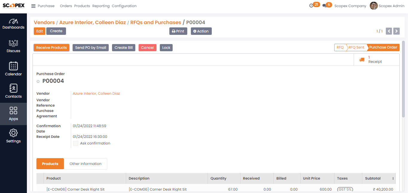 Scopex RFQ and purchase order screen